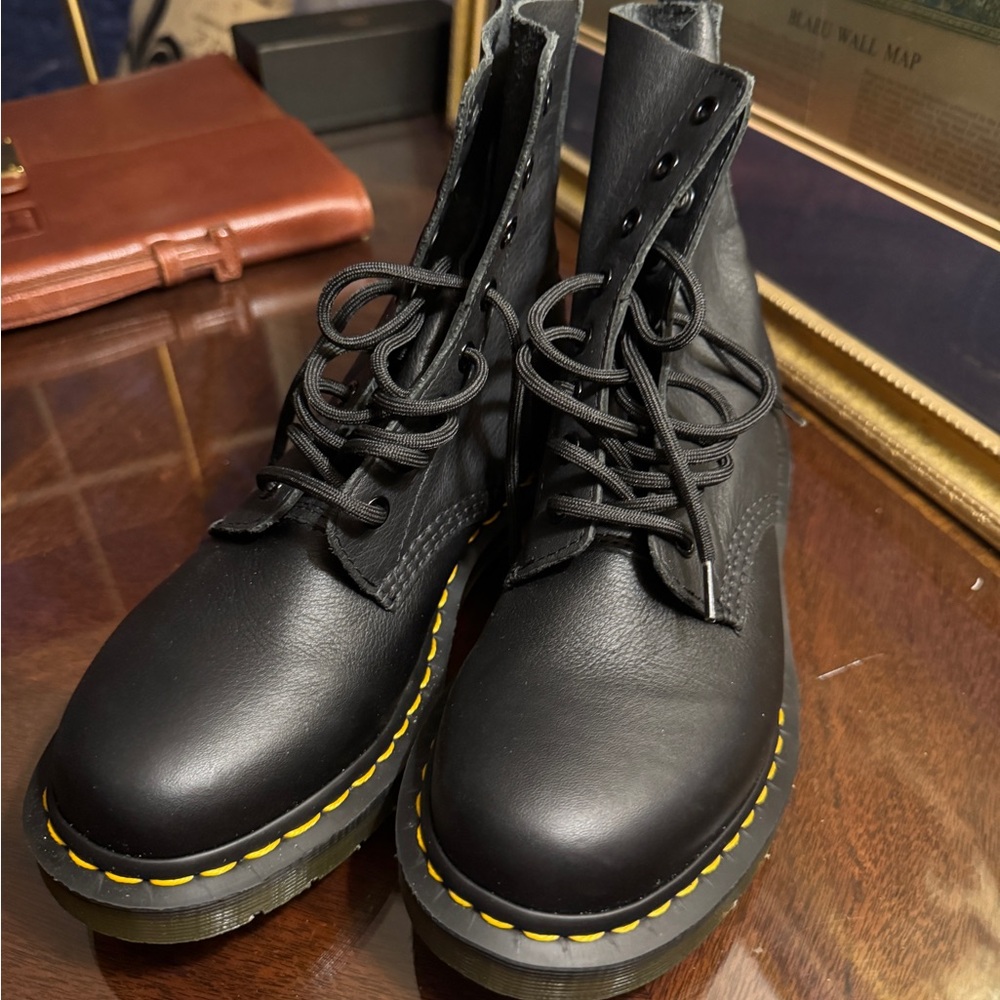 Dr. Martens Black Leather Boots with Yellow Stitching